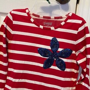 Oshkosh B’Gosh red white striped cotton crew long sleeve blue sequined flower